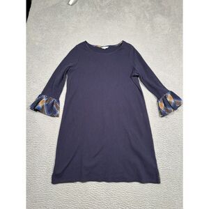 Crown & Ivy Navy Blue Dress Plaid Ruffle Sleeves‎ Knit Stretch Large L Cotton